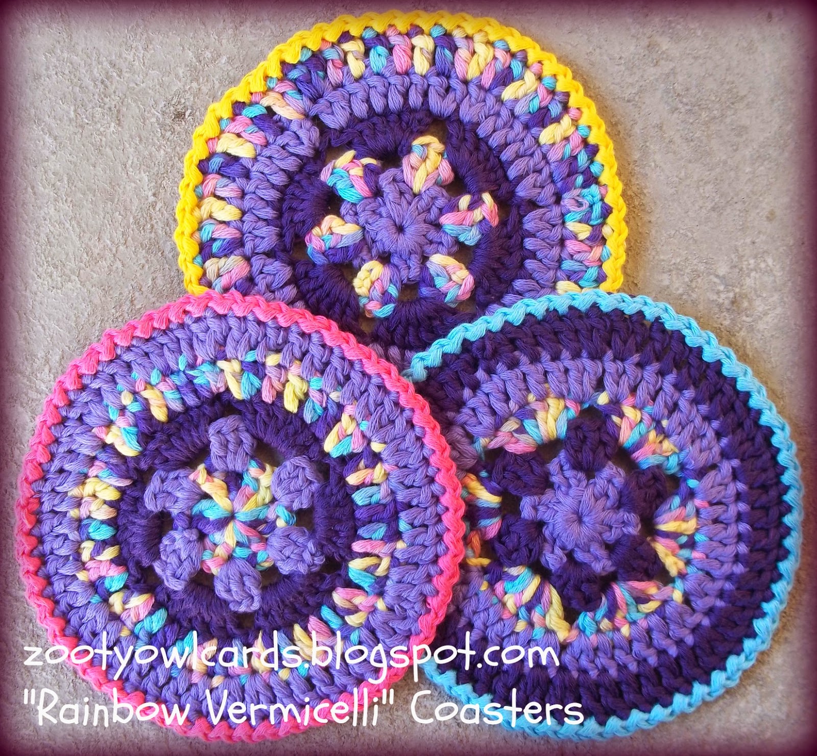 Zooty Owl's Crafty Blog Rainbow Vermicelli Coasters Pattern