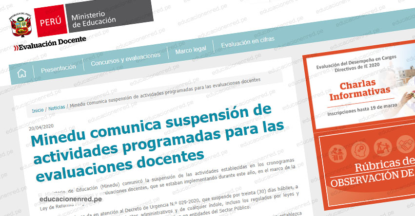 COMUNICADO MINEDU: Suspenden actividades programadas para las Evaluaciones Docentes 2020 (Concurso Nacional Docente) www.minedu.gob.pe COMUNICADO MINEDU: Suspenden actividades programadas para las Evaluaciones Docentes 2020 (Concurso Nacional Docente) www.minedu.gob.pe