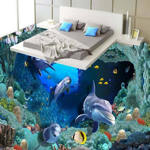 Close to reality 3d floor designs with fish in bedroom Close to reality 3d floor designs with fish in bedroom