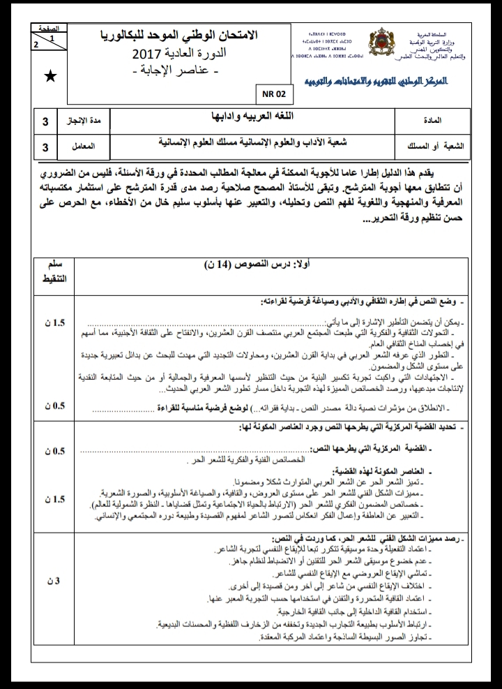 الامتحان الوطني الموحد للباكالوريا، مادة اللغة العربية مسلك العلوم الإنسانية / الدورة العادية 2017