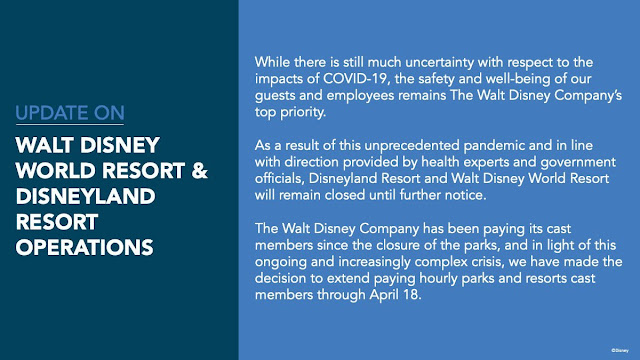 美國迪士尼 Walt Disney World and Disneyland Announce Parks and Resorts Will Remain Closed “Until Further Notice”