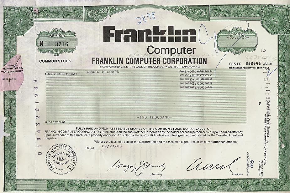 Franklin Computer Corporation stock certificate