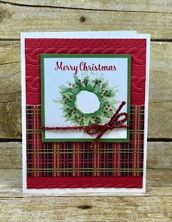 This wreath Christmas card uses Stampin' Up!'s Painted Harvest stamp set, Christmas Around the World designer paper, Tinsel Trim Combo Pack, and the Cable Knit Dymamic Embossing Folder.  #stamptherapist #stampinup www.stamptherapist.com