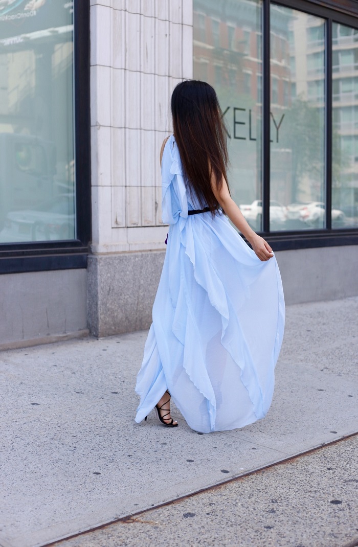 Gedebe mini v clutch, sephora monochrome menicure, she in blue ruffle high low dress, asos lace up sandals, fashion blog, baublebar statement necklace, style blog, street style, date night outfit, romantic, nyc, night out outfit