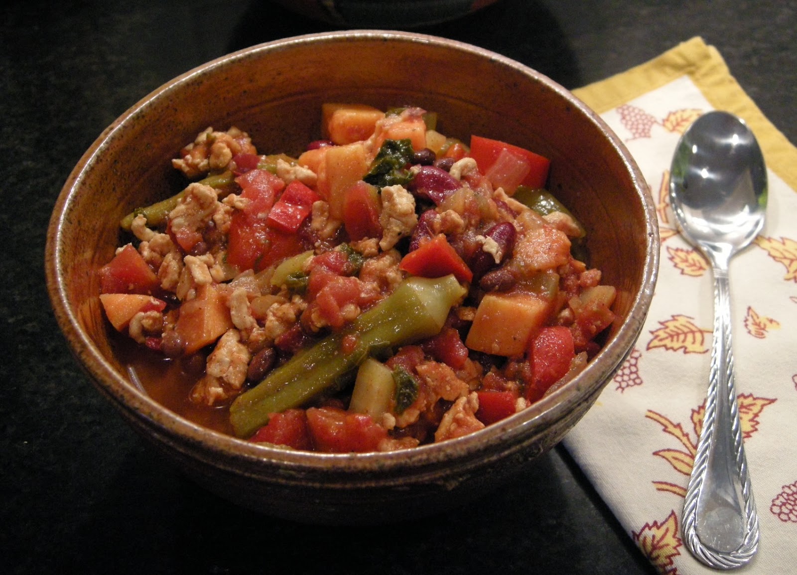 Cooking + Praying Chicken sweet potato chili with kale