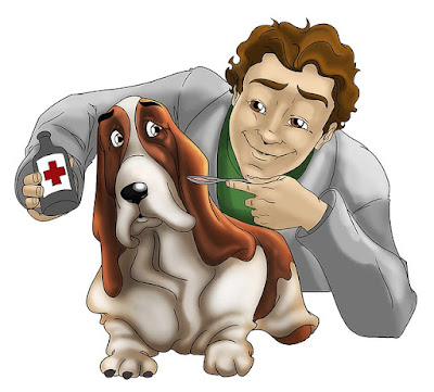 alt="dibujo de perro desconfiando frente al medicamento "