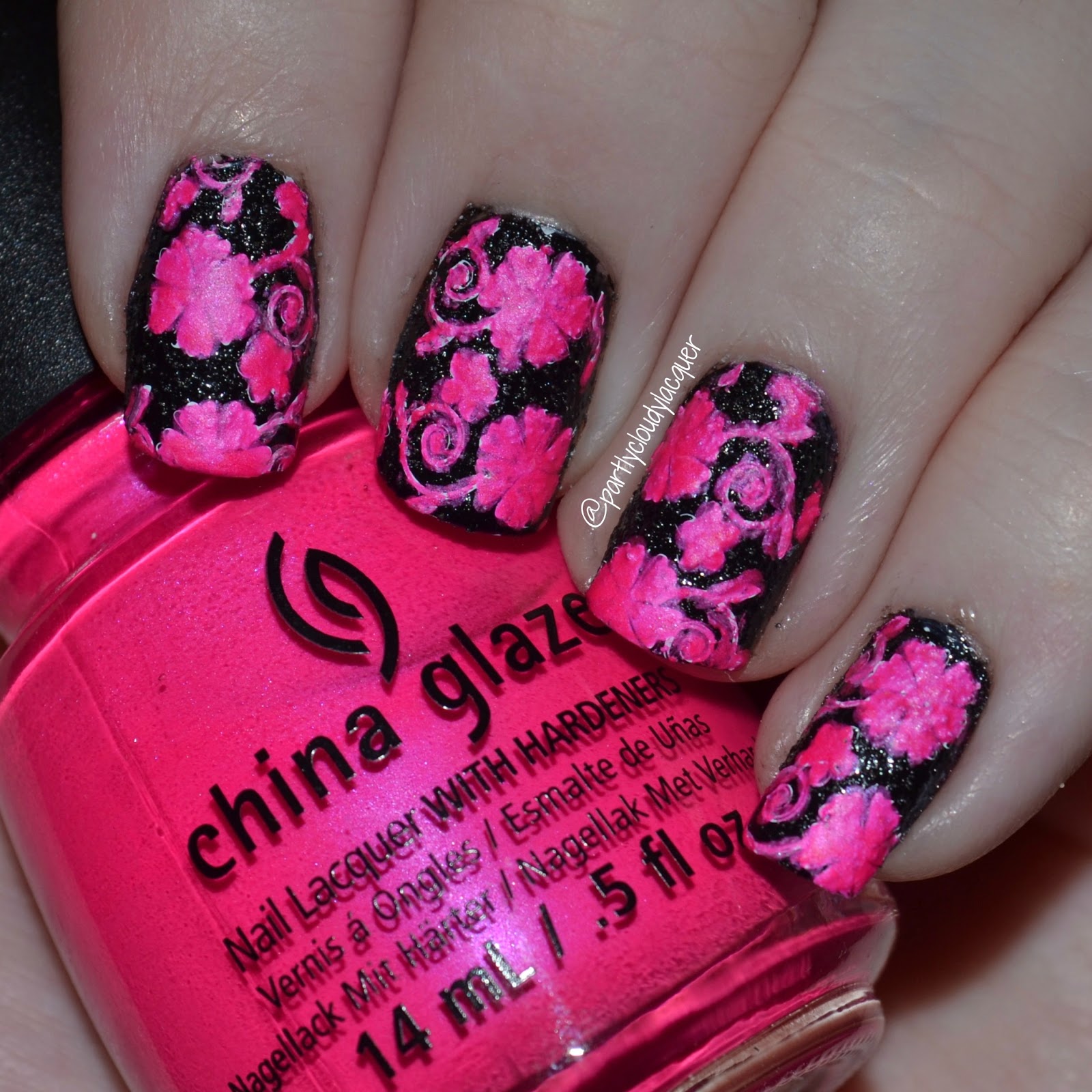 Partly Cloudy With a Chance of Lacquer: Neon Pink and Black Stamped Nails
