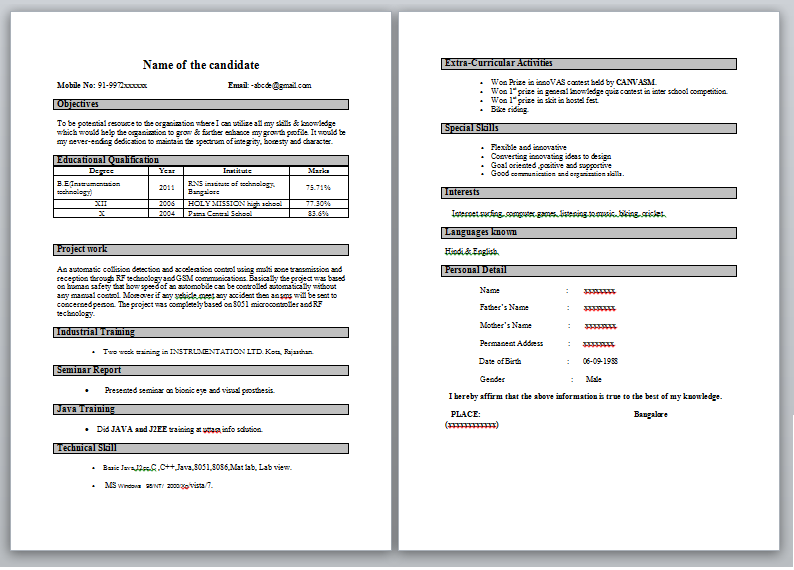 Sample resume for freshers b tech mech free download