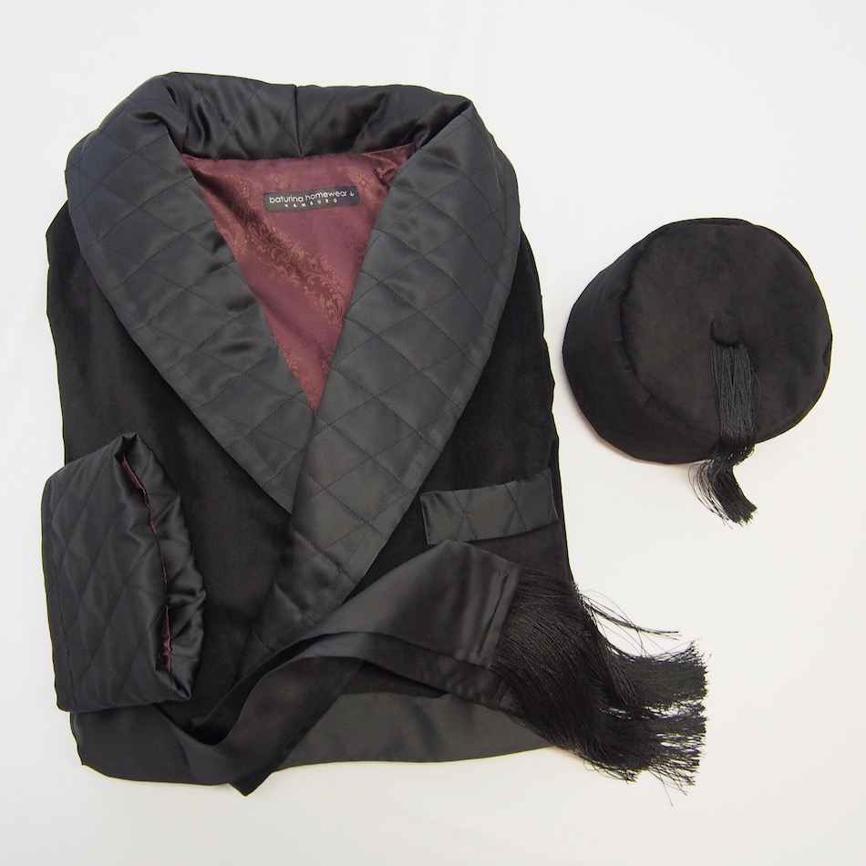 Men's Black Velvet Robe & Smoking Cap with Tassels