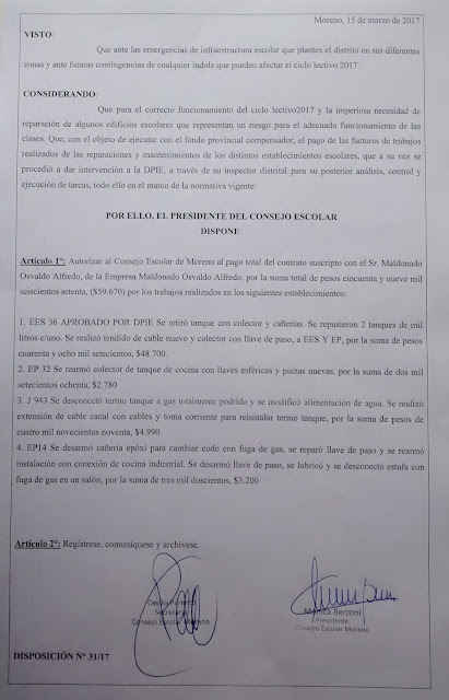Disposición 31/2017: Autorización de pago de $59.670 al proveedor Maldonado Osvaldo Alfredo, por trabajos realizados en los establecimientos con código: ES36, EP32, JI943, EP14 Disposición 31/2017: Autorización de pago de $59.670 al proveedor Maldonado Osvaldo Alfredo, por trabajos realizados en los establecimientos con código: ES36, EP32, JI943, EP14