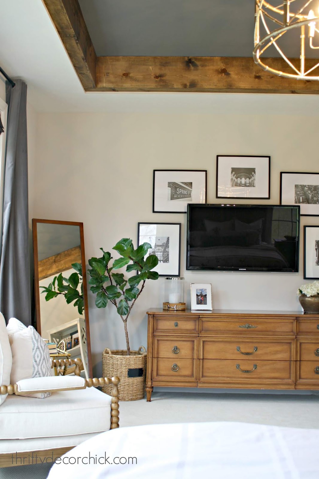 Painted tray ceiling with wood beams