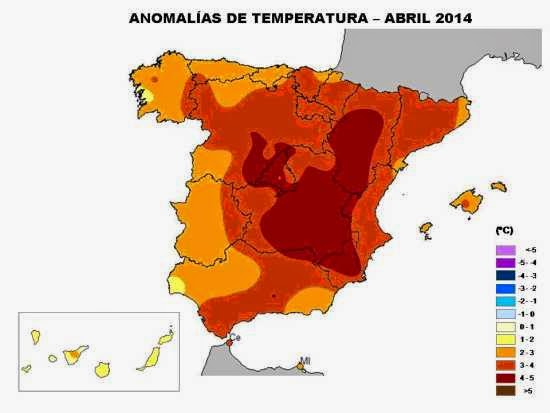 Anomalía en las temperaturas Abril 2014, España