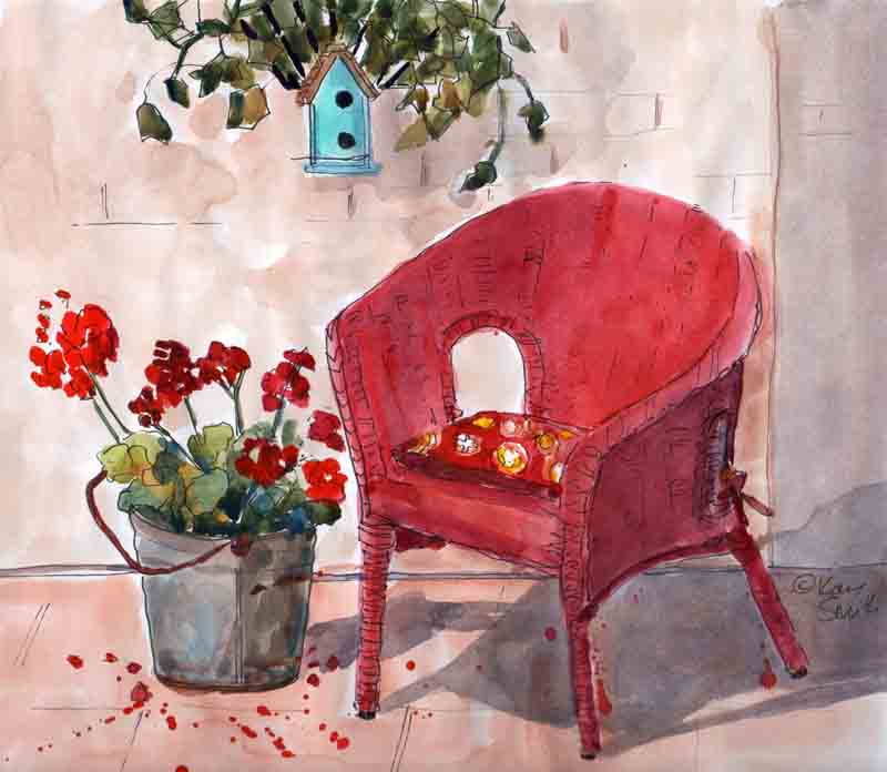 kaysmithbrushworks red patio chair and geraniums plein air