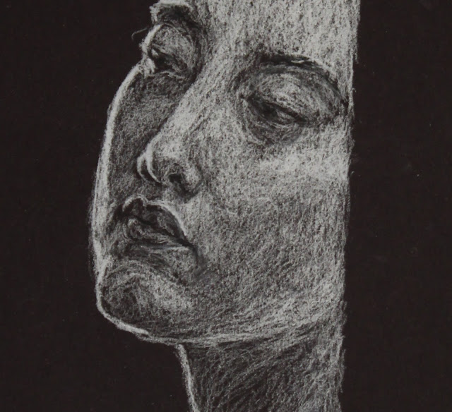 Face and Doorway, detail, Sarah Myers face, head, sarah, myers, art, arte, drawing, sketch, dibujo, dessin, kunst, conte, charcoal, white, black, paper, dark, woman, doorway, expression, mouth, eyes, nose, bright, highlights, shading, glow, technique, pencil, artist, lines, design, figurative, contemporary, modern, close-up, detail