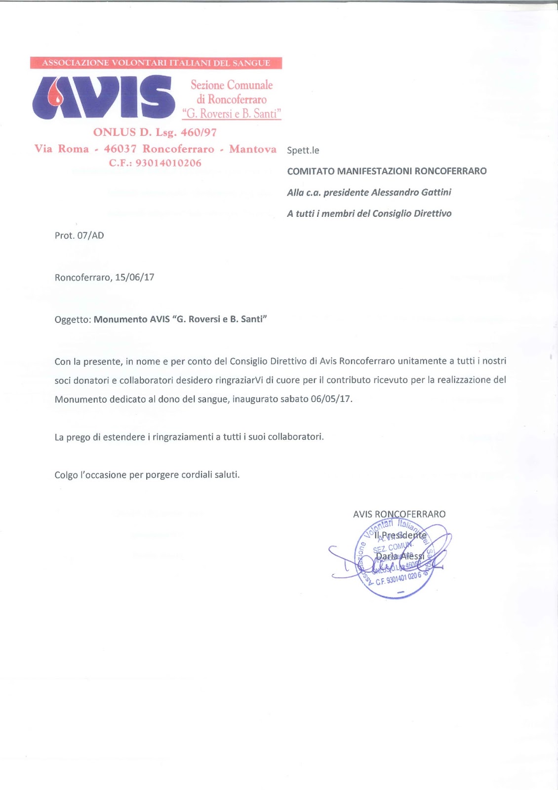 comitato manifestazioni roncoferraro lettera di ringraziamento dell lettere di ringraziamento