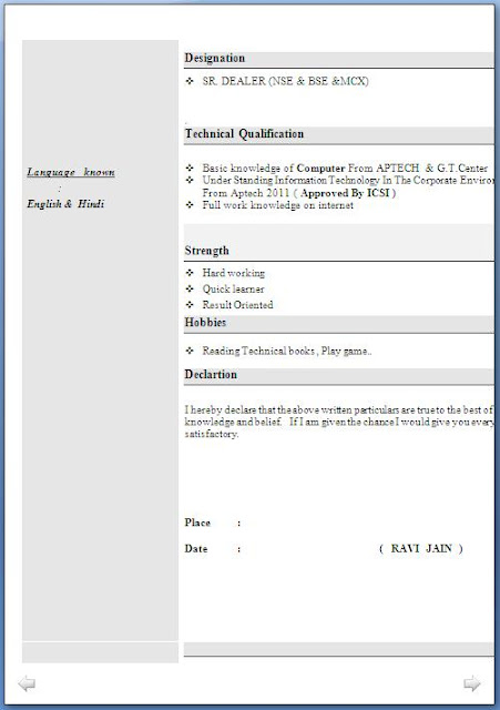 BCom Experience Resume Format