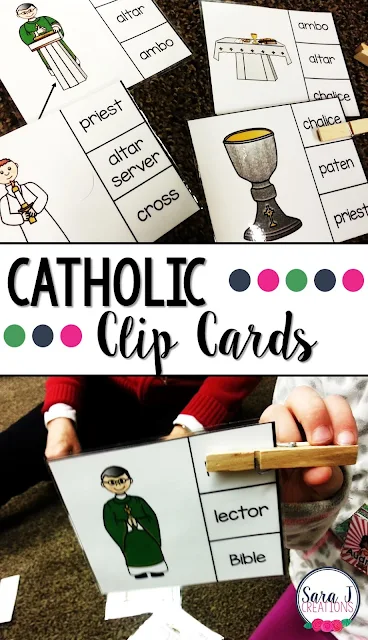 Catholic mass items clip cards are ideal for kids to review the parts of mass