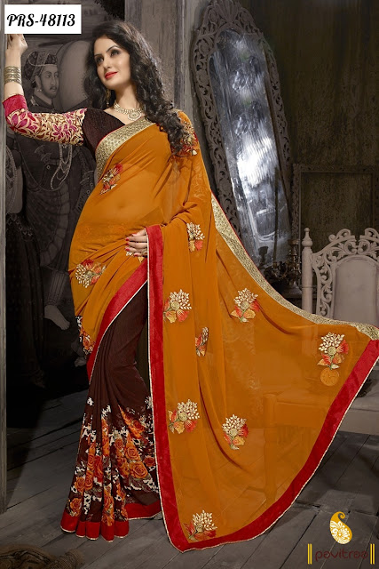 Latest brown georgette casual saree online shopping at lowest price in India