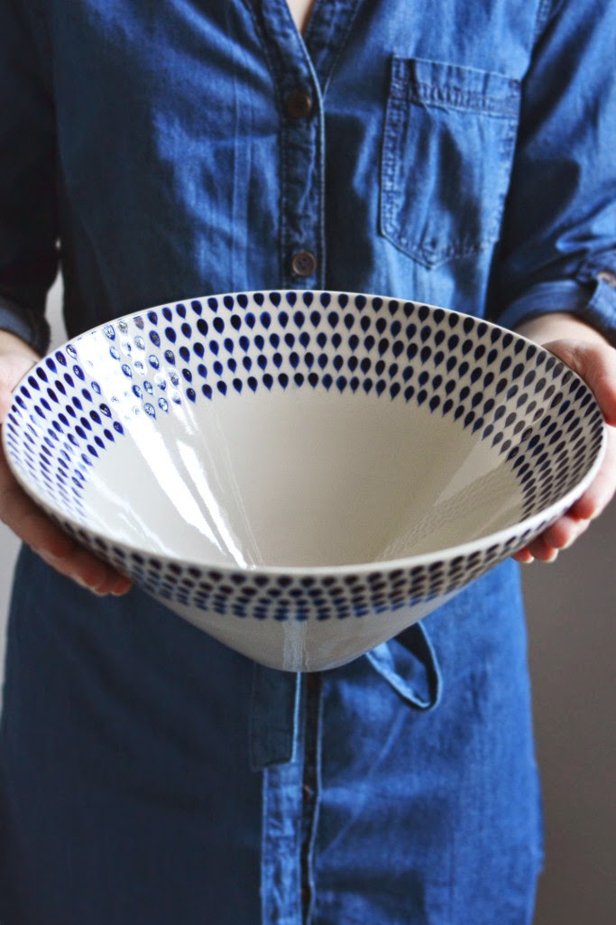 Indigo water drop blue white ceramic serving bowl