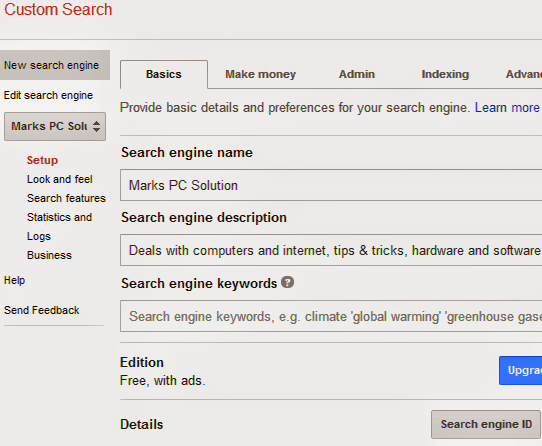 Google Custom Search Settings Panel