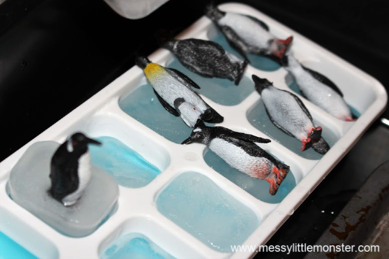Sensory play for toddlers. Melting experiments using penguins and a diy ice rink.