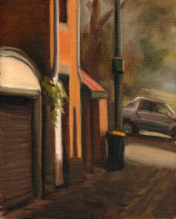 Oil painting of buildings and a bin in a laneway, with a car in the background.