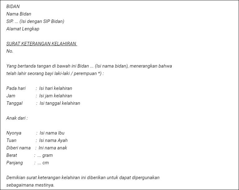 Contoh Surat Keterangan Kelahiran dari Bidan