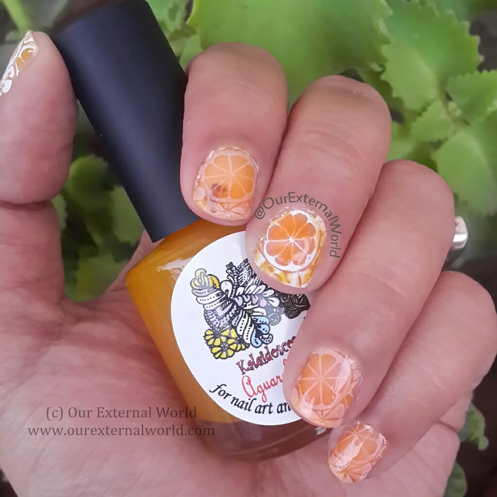 El Corazon Aquarelle Tints + Stamping Polish Review, Nail Art, how to lead light technique, orange fruit nail art