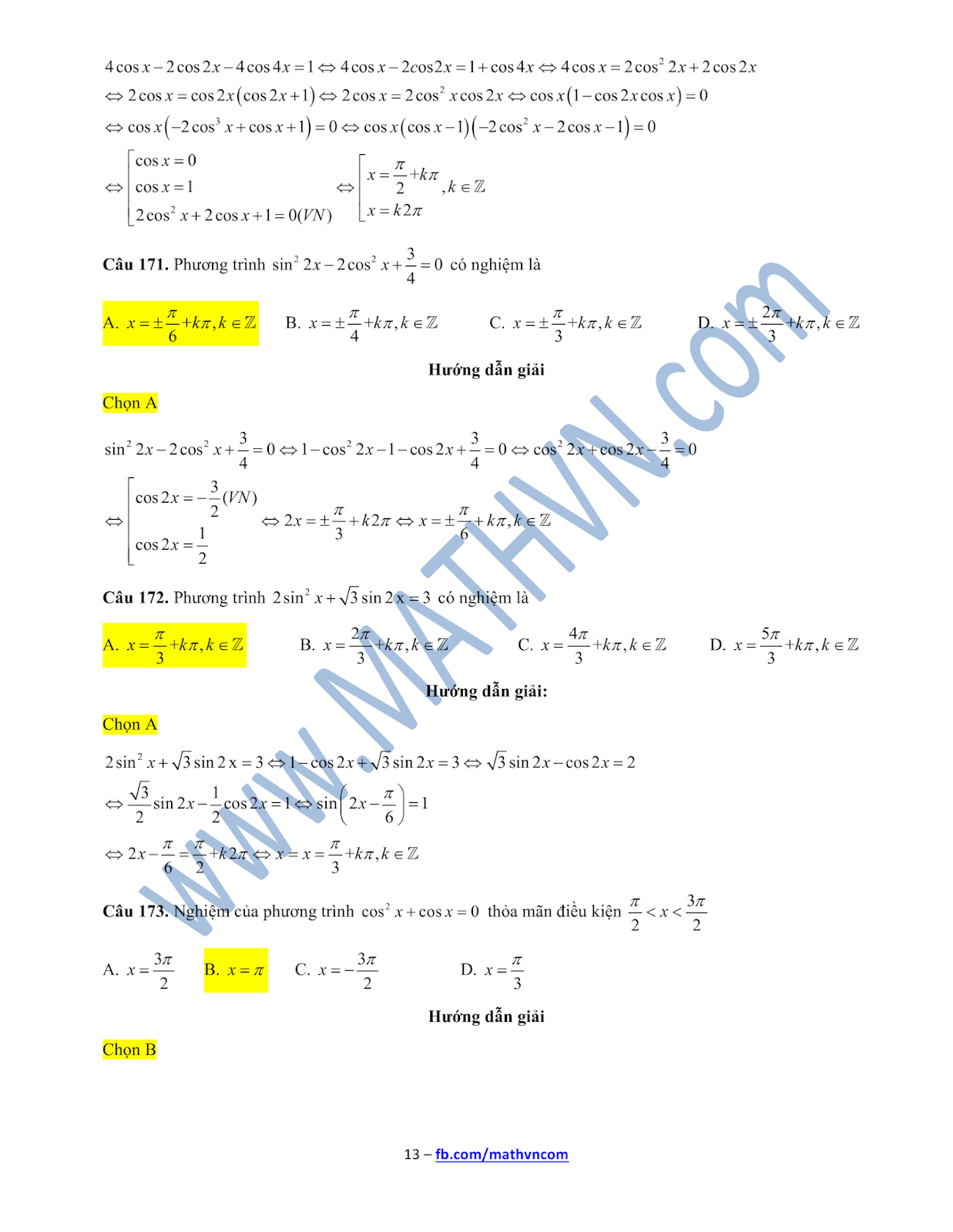 Bài tập trắc nghiệm phương trình lượng giác có lời giải chi tiết lớp 11