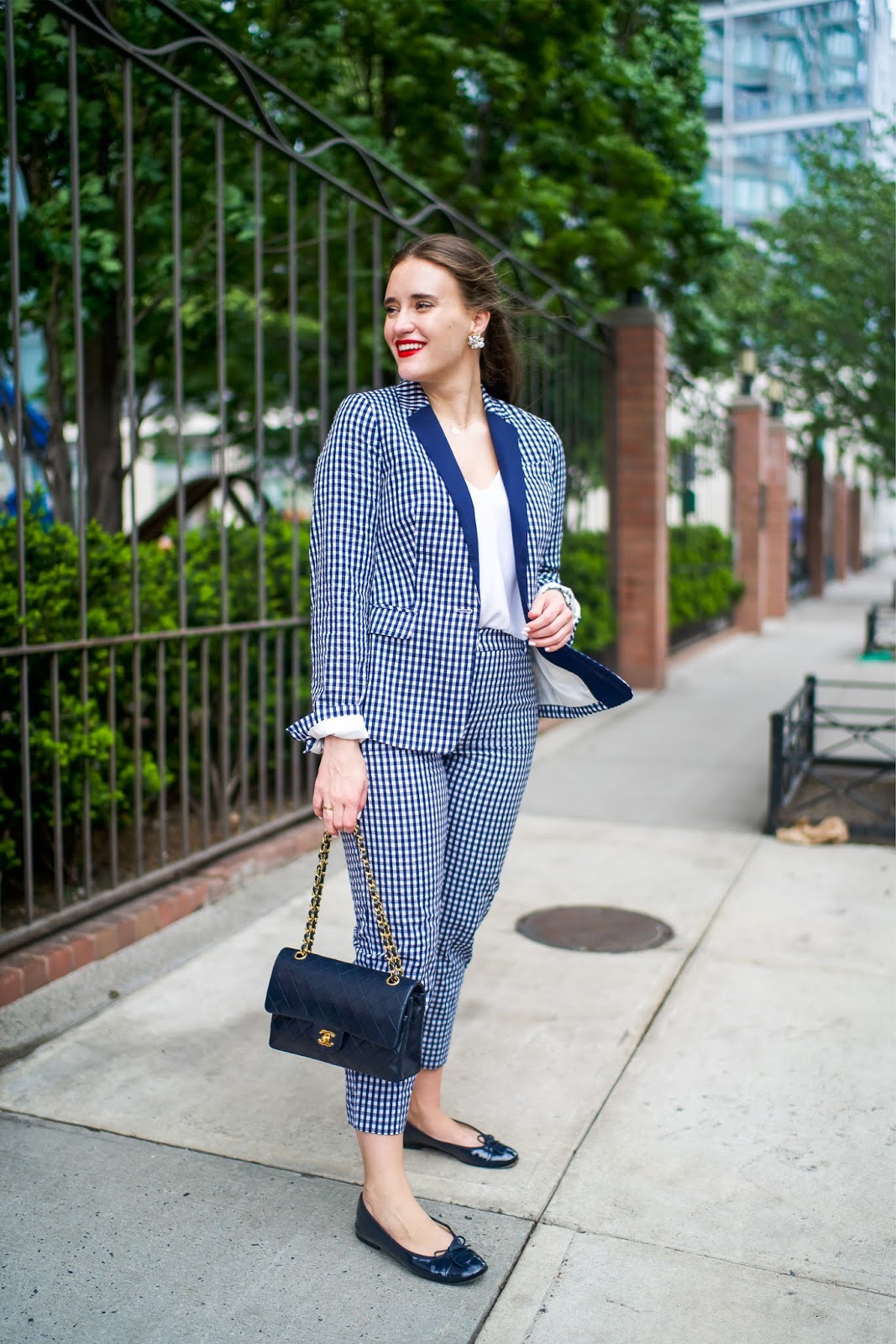 J.Crew Gingham Suit styled by popular New York style blogger, Covering the Bases