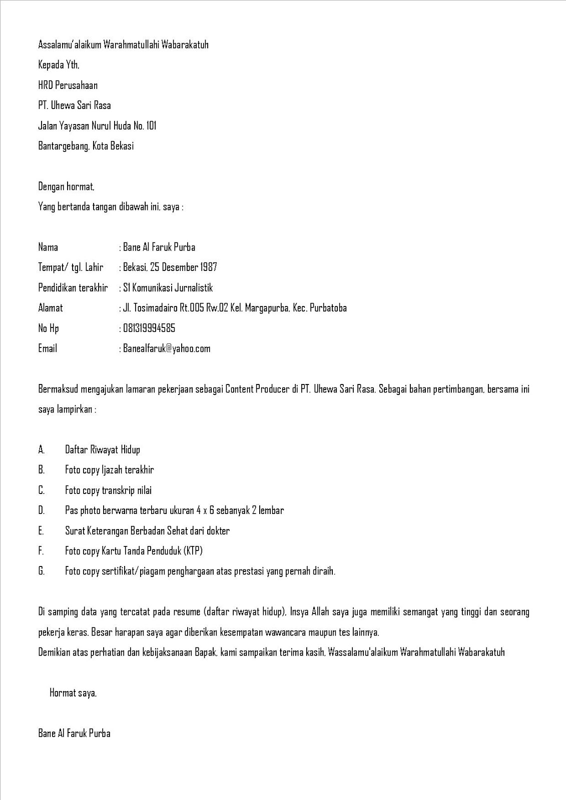 Contoh Surat Lamaran Pekerjaan Islami Contoh Surat