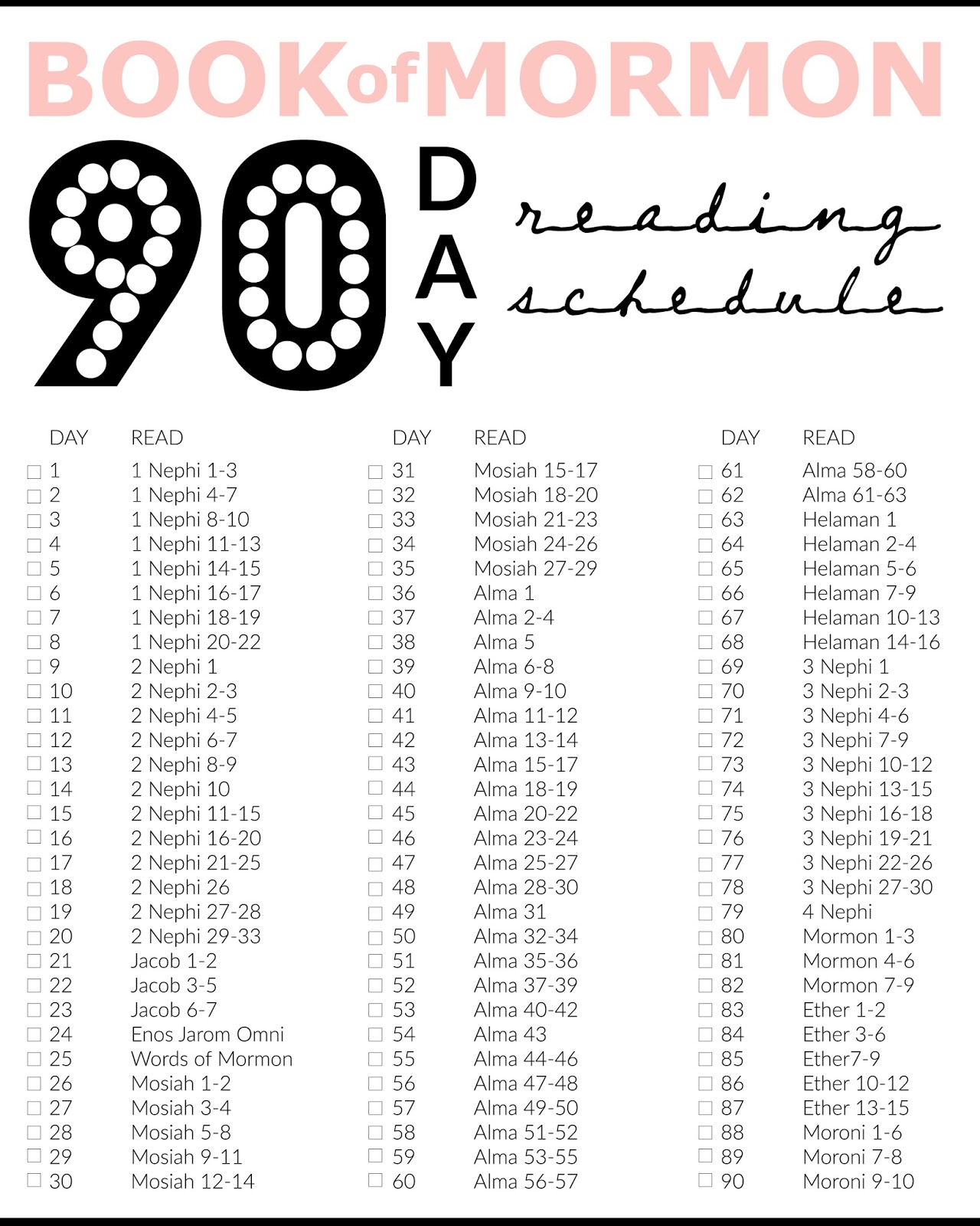 Printable Book Of Mormon 90 Days Reading Chart Miss Audrey Sue