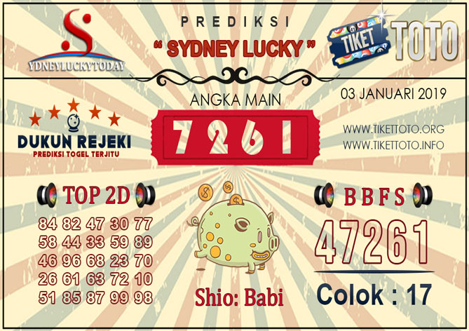 Prediksi Togel SYDNEY LUCKY TIKETTOTO 03 JANUARI 2019