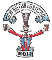 Great British Beer Festival logo 2014 - a cartoon of a ringmaster holding out two pints of beer.