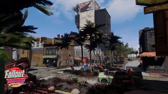 Fallout 4 Miami - A devastated street, with junk cars