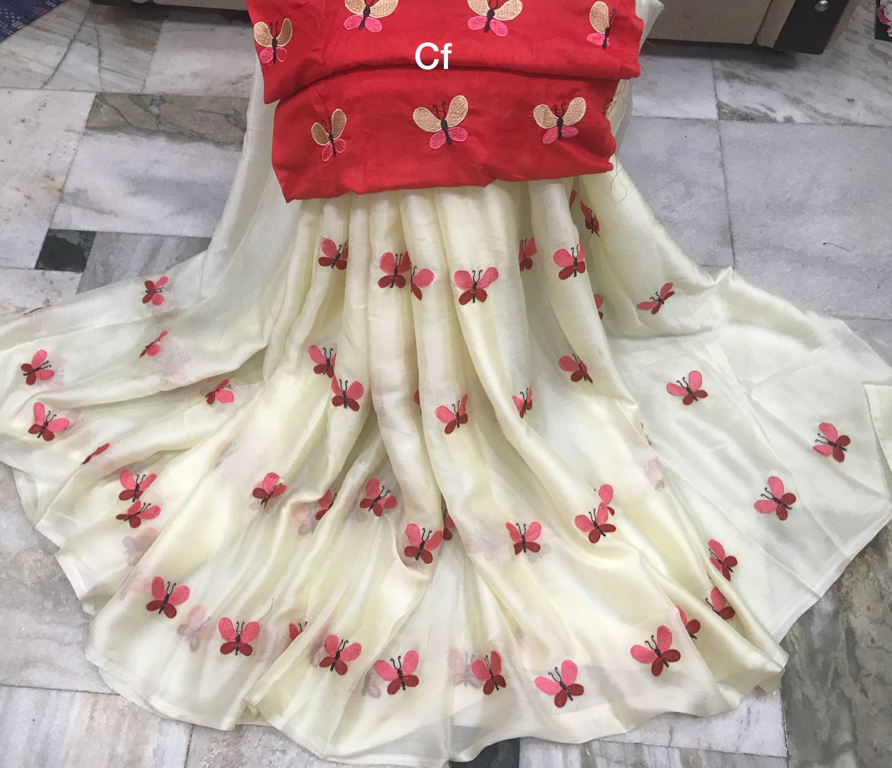 Chiffon Saree having Embroidery Butterfly Design with Raw Silk Blouse