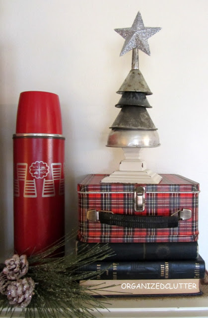 Christmas Vignette with Christmas Tree Made From Metal Funnels