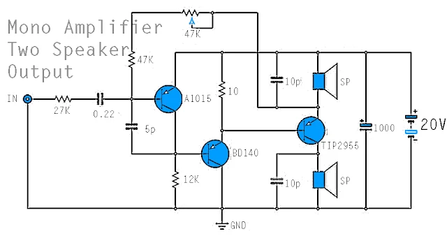 Mono Power Amplifier - A1015, BD140 ,TIP2955 Circuit Diagram