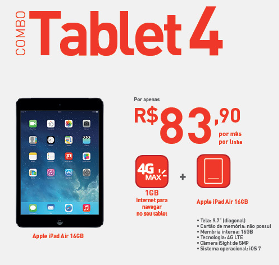 Oferta Combo Tablet 4 da Claro empresa com uma combinação de um iPad Air e um pacote de internet 4GMAX de 1GB. Informações ligue(11) 2823-6823