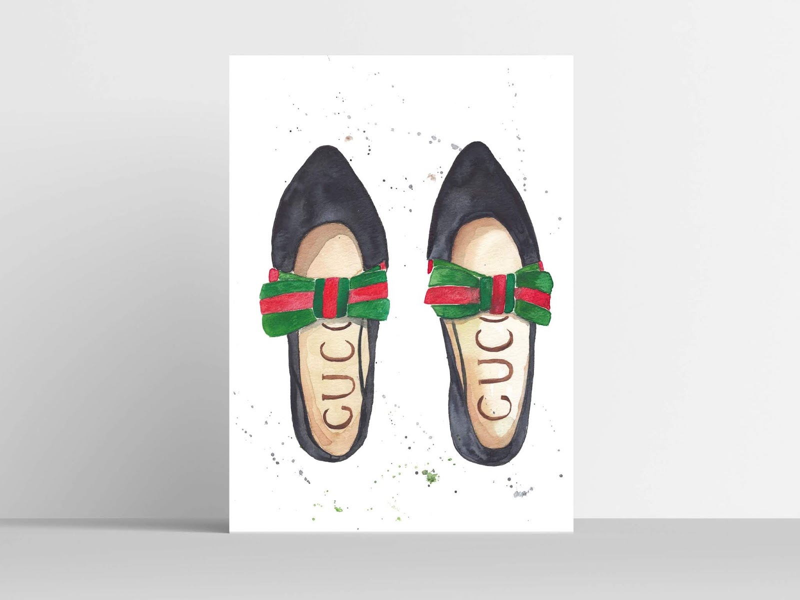 black Gucci flats with red and green bow fashion illustration by Stella Visual