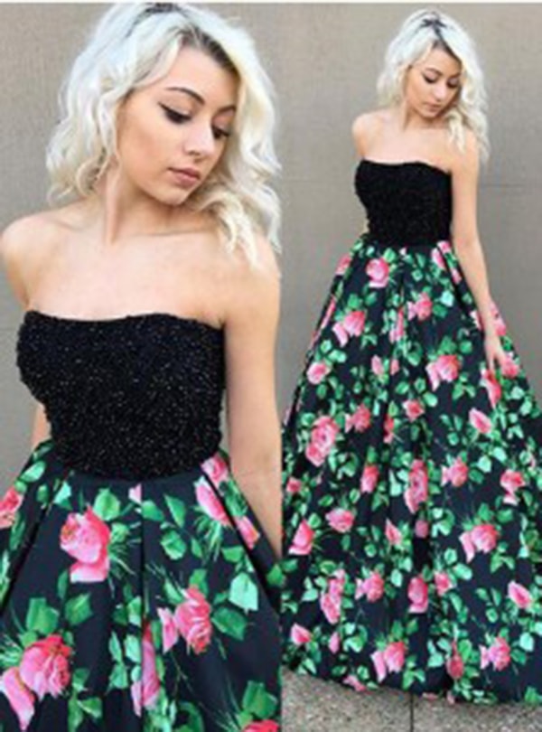 A-Line Strapless Floor-Length Black Satin Prom Dress with Beading Printed Flowers