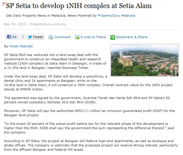 Kuala Lumpur Property SP Setia to develop 1NIH complex at Setia Alam