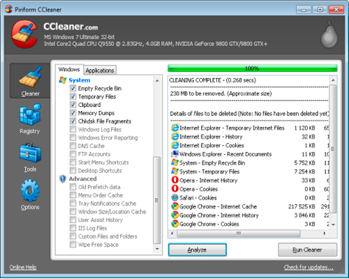 Piriform ccleaner free version run for windows xp