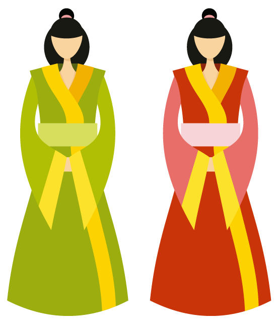 Mujeres chinas con ropa tradicional, hnfu, vector y PNG de fondo transparente, en combinaciones de verdes con amarillos y rojos con amarillos.