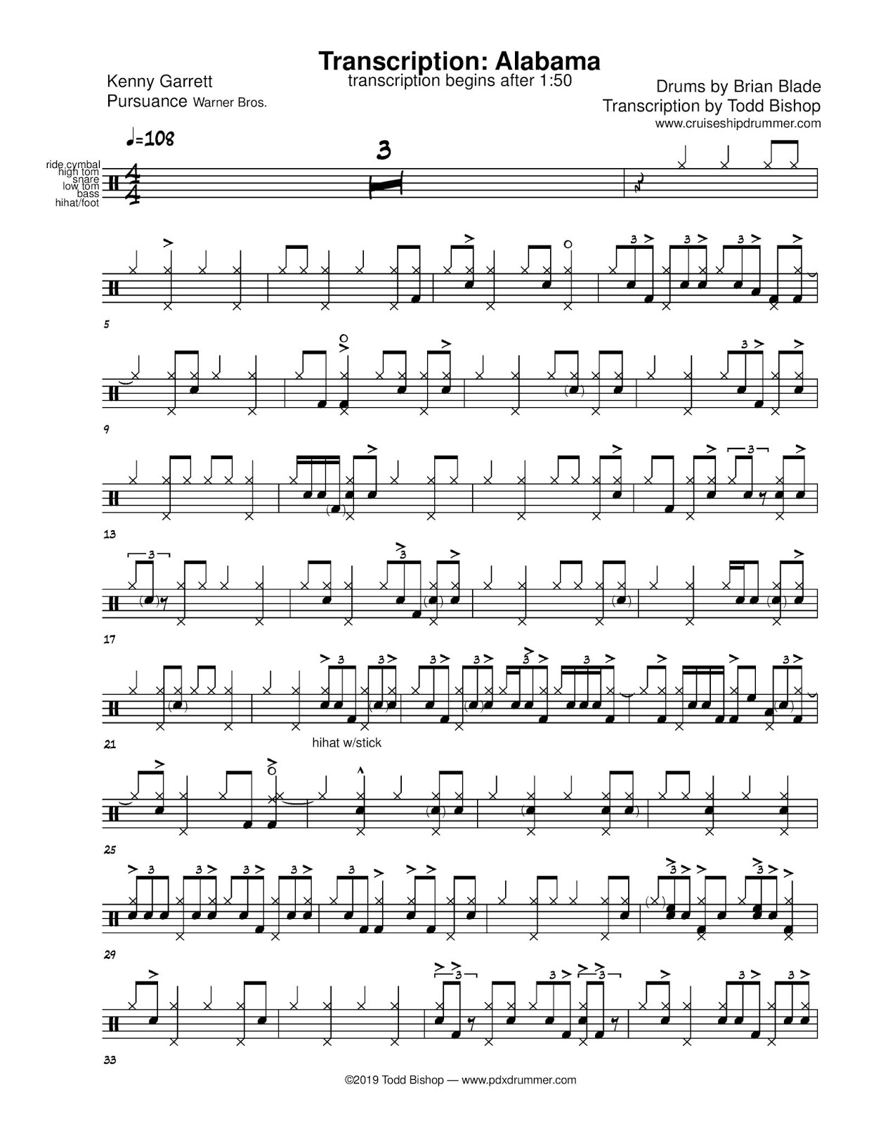 Cruise Ship Drummer Transcription Brian Blade Alabama
