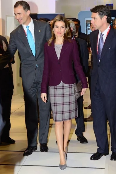 Prince Felipe and Princess Letizia of Spain attend Mobile World Congress in Barcelona. Queen Letizia wore Hugo Boss skirt