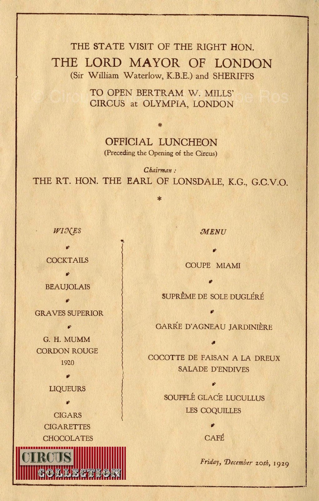 menu pour les invité VIP du Bertram Mills Circus à l'Olympia de Londres 