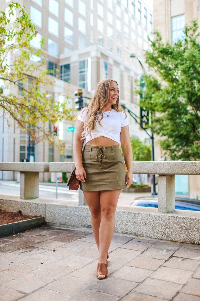 Olive Green Rodeo Mini Skirt with Tiers and Tie Up Lace