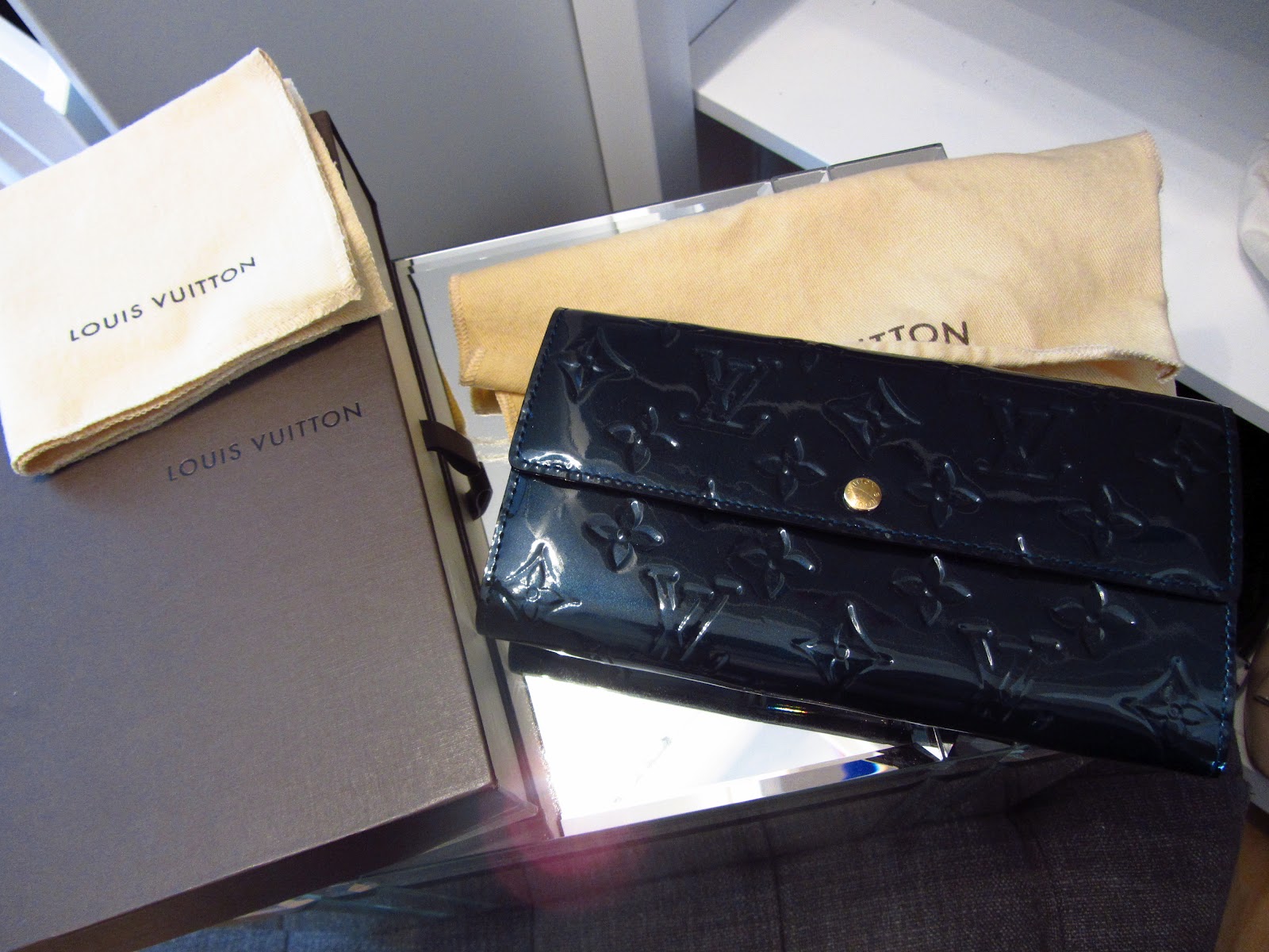 SHOP COCOBELLA&#39;S CLOSET: --SOLD-- Louis Vuitton Vernis Patent &quot;Sarah&quot; Wallet in Dark Blue