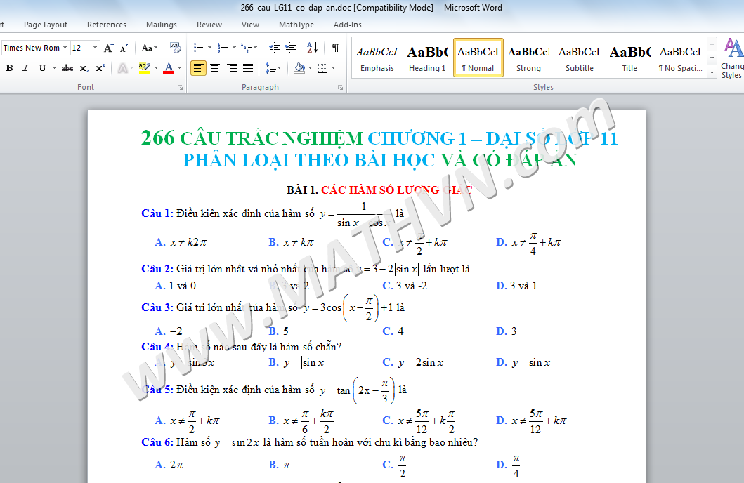 266 c u h i tr c nghi m ph ng tr nh l ng gi c l p 11 file word mcmix